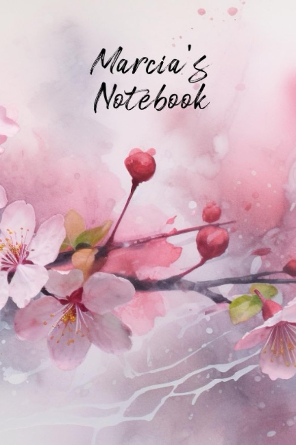 Marcia's Notebook personalized journal cover with the name Marcia in script over pink watercolor apple blossom