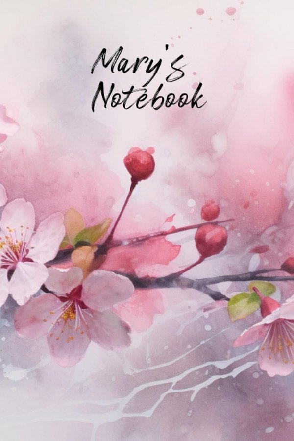 Mary's Notebook personalized journal cover with the name Mary in script over pink watercolor apple blossom