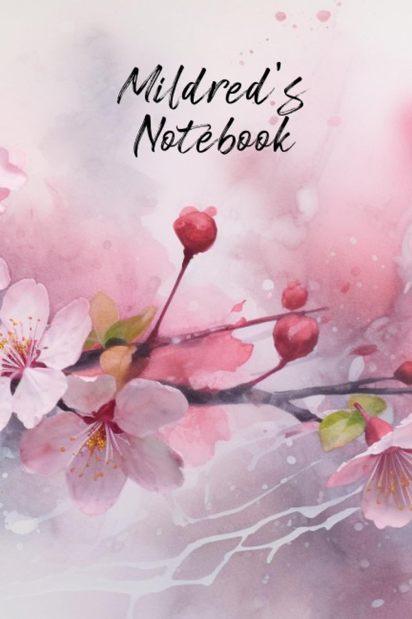 Mildred's Notebook personalized journal cover with the name Mildred in script over pink watercolor apple blossom