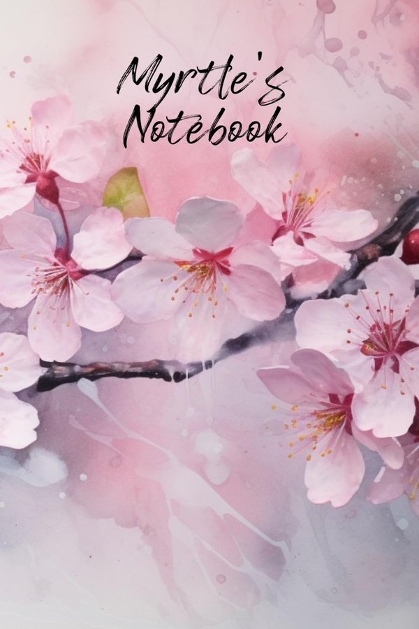 Myrtle's Notebook personalized journal cover with the name Myrtle in script over pink watercolor apple blossom