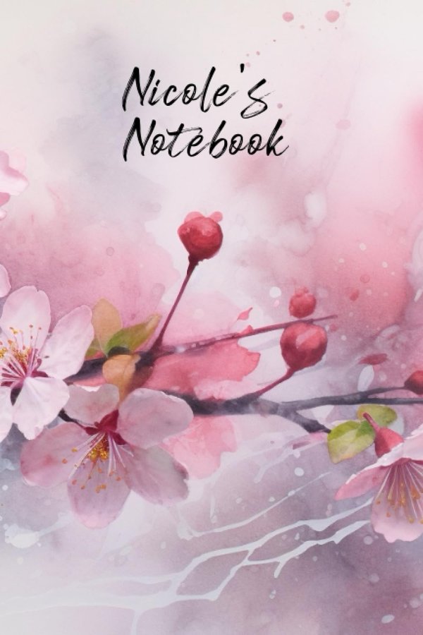 Nicole's Notebook personalized journal cover with the name Nicole in script over pink watercolor apple blossom