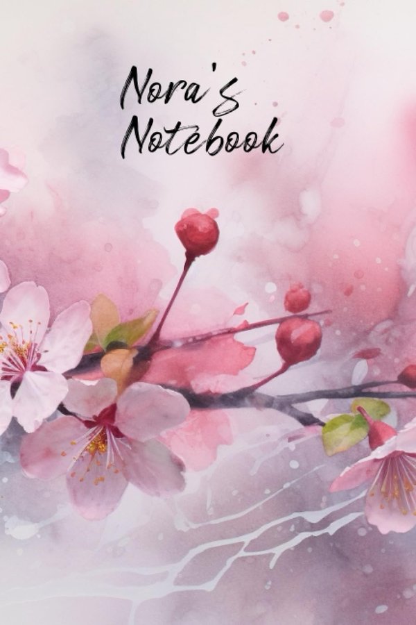 Nora's Notebook personalized journal cover with the name Nora in script over pink watercolor apple blossom
