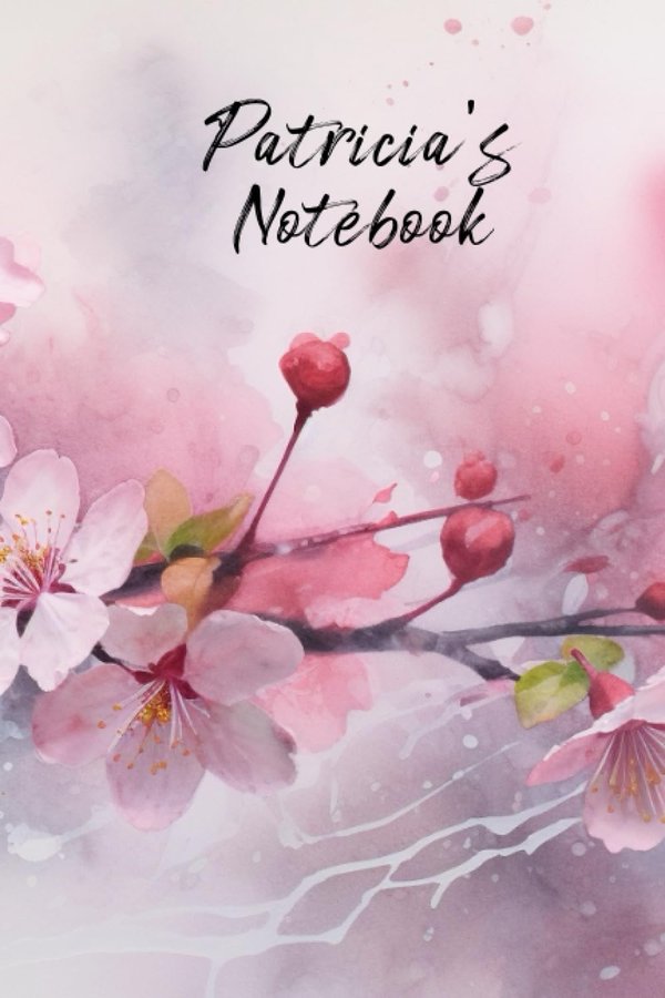Patricia's Notebook personalized journal cover with the name Patricia in script over pink watercolor apple blossom