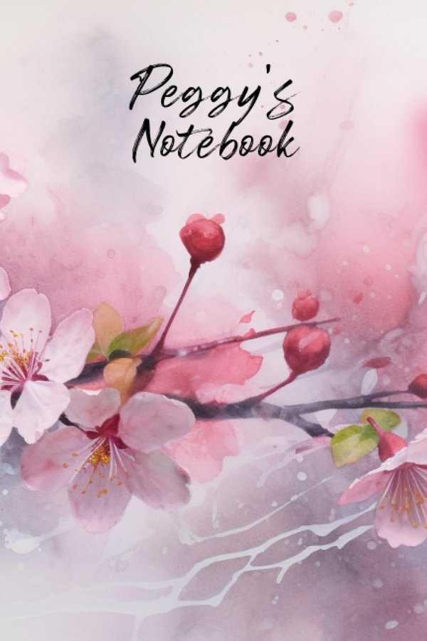 Peggy's Notebook personalized journal cover with the name Peggy in script over pink watercolor apple blossom