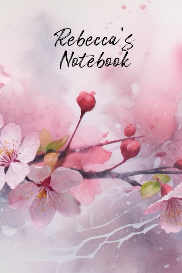 Rebecca's Notebook personalized journal cover with the name Rebecca in script over pink watercolor apple blossom