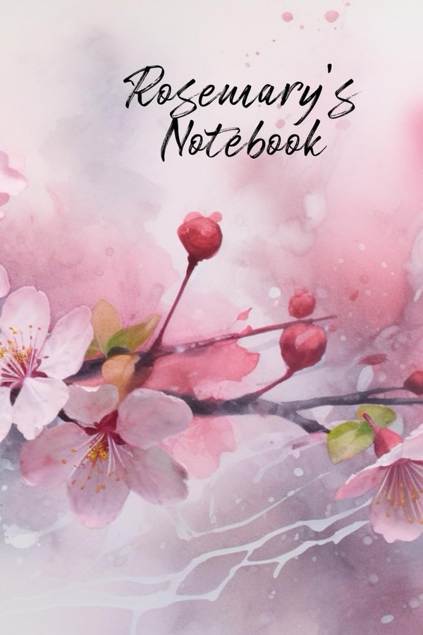 Rosemary's Notebook personalized journal cover with the name Rosemary in script over pink watercolor apple blossom