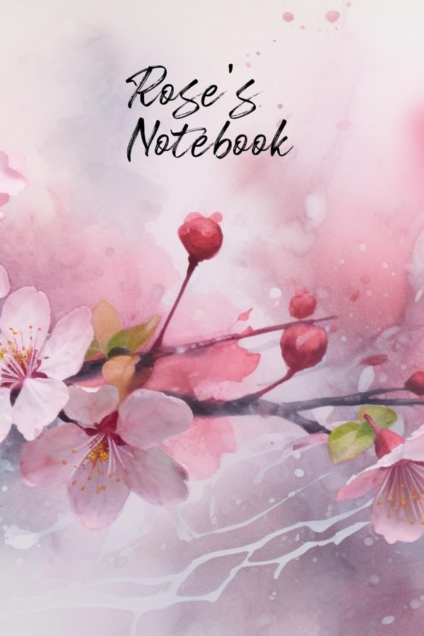 Rose's Notebook personalized journal cover with the name Rose in script over pink watercolor apple blossom