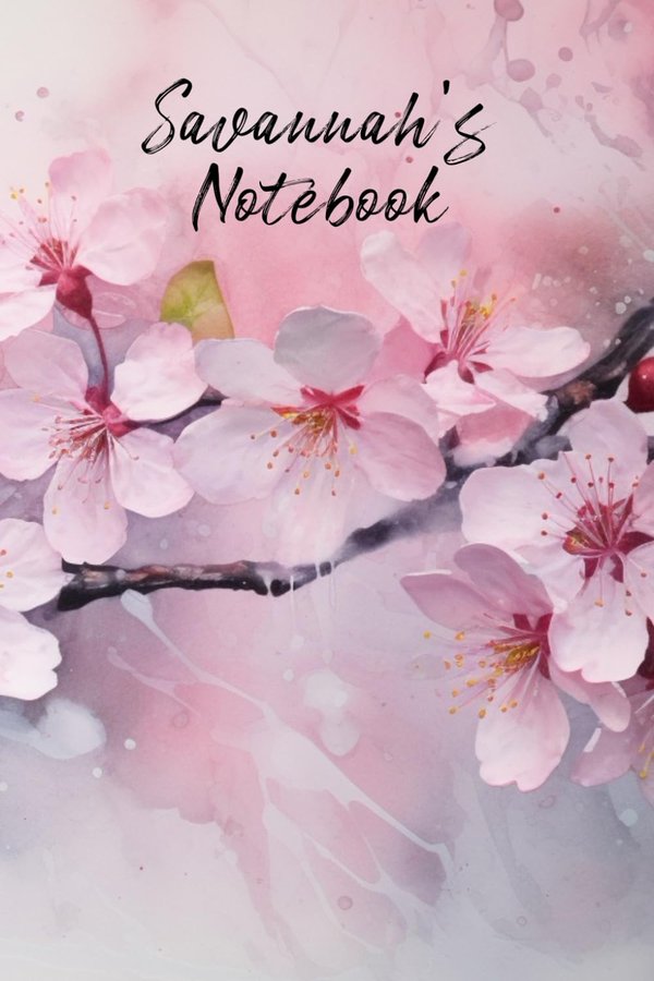 Savannah's Notebook personalized journal cover with the name Savannah in script over pink watercolor apple blossom
