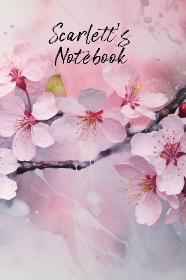 Scarlett's Notebook personalized journal cover with the name Scarlett in script over pink watercolor apple blossom