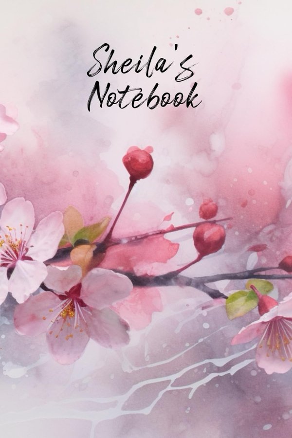 Sheila's Notebook personalized journal cover with the name Sheila in script over pink watercolor apple blossom