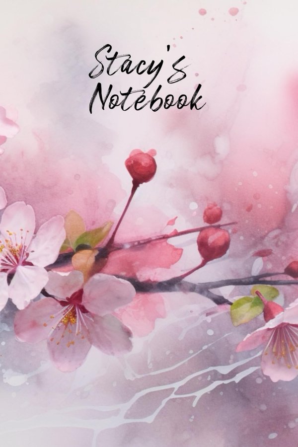 Stacy's Notebook personalized journal cover with the name Stacy in script over pink watercolor apple blossom