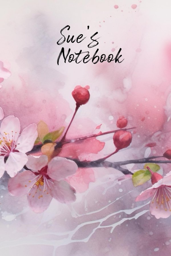 Sue's Notebook personalized journal cover with the name Sue in script over pink watercolor apple blossom
