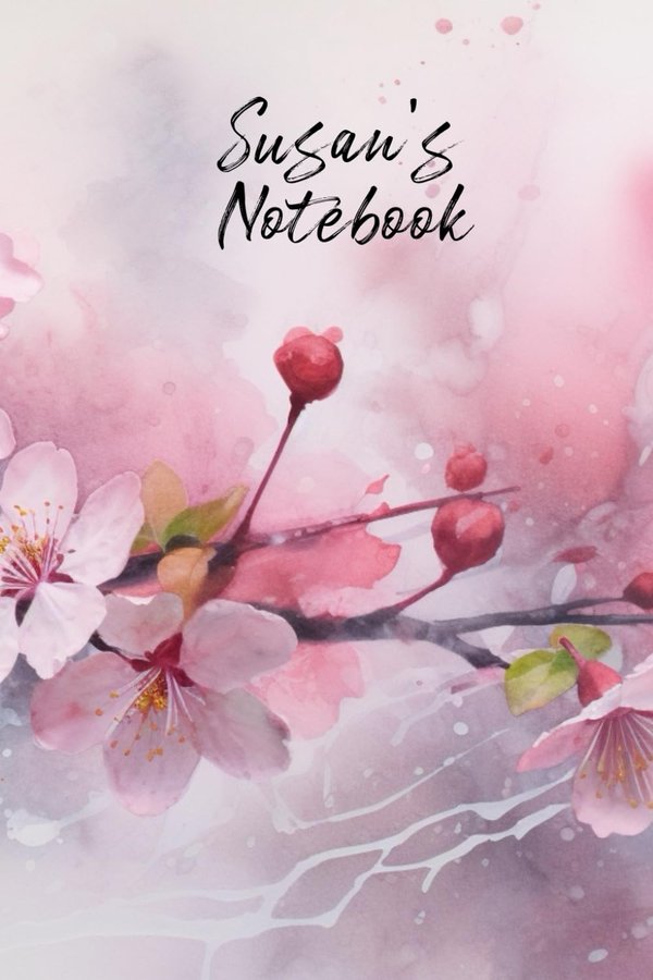 Susan's Notebook personalized journal cover with the name Susan in script over pink watercolor apple blossom