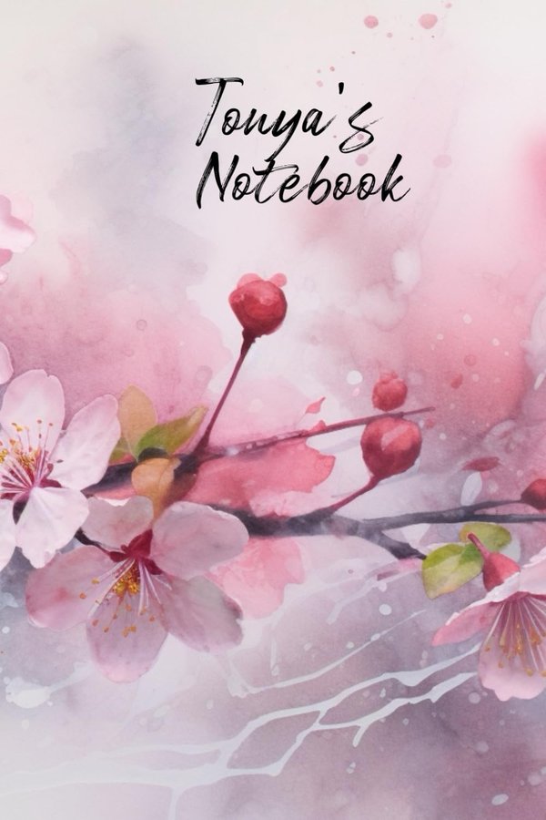 Tonya's Notebook personalized journal cover with the name Tonya in script over pink watercolor apple blossom