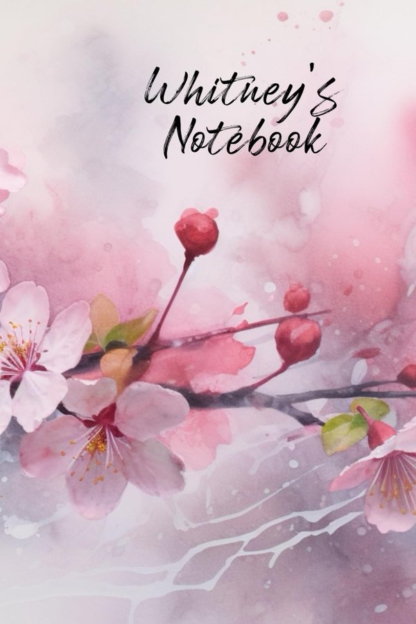 Whitney's Notebook personalized journal cover with the name Whitney in script over pink watercolor apple blossom